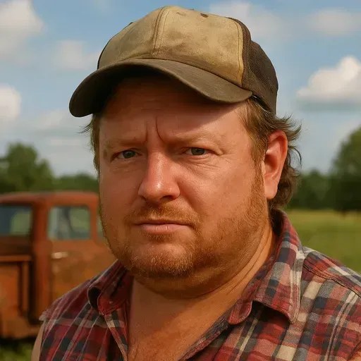 Bubba Zuckermusk, a scowling man in a trucker cap and flannel shirt standing in front of a farm