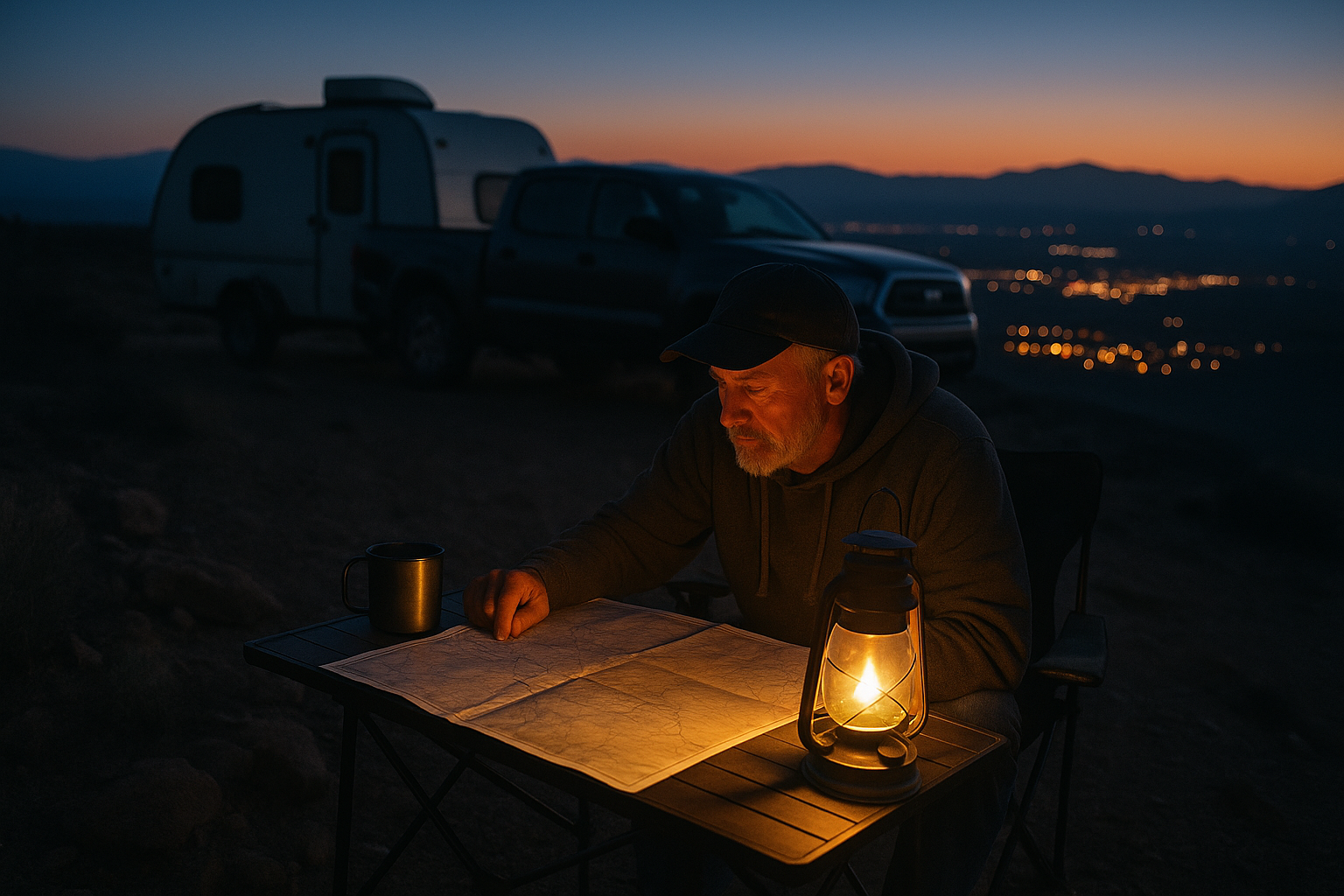 A man studies a paper map by lantern light at a camp table on a desert ridge at dusk, his truck and small trailer behind him and town lights in the valley below