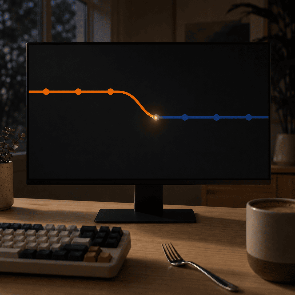 A monitor in a dark room showing a glowing commit graph, an orange branch line curving back into a blue main line at a bright merge point, with a dinner fork resting on the desk beside the keyboard