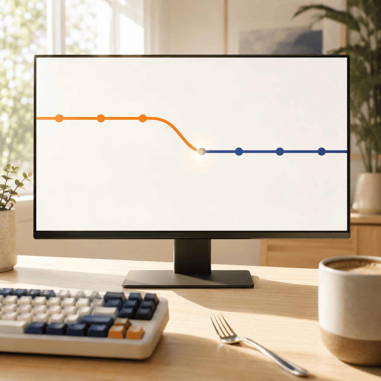 A monitor in a sunlit room showing a commit graph, an orange branch line curving back into a blue main line at a glowing merge point, with a dinner fork resting on the desk beside the keyboard