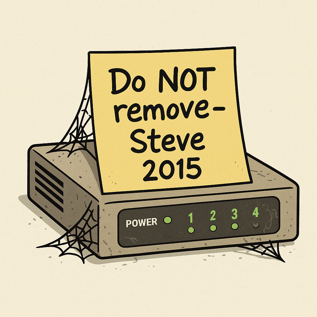 Ancient router with 'Do NOT remove - Steve 2015' sticky note